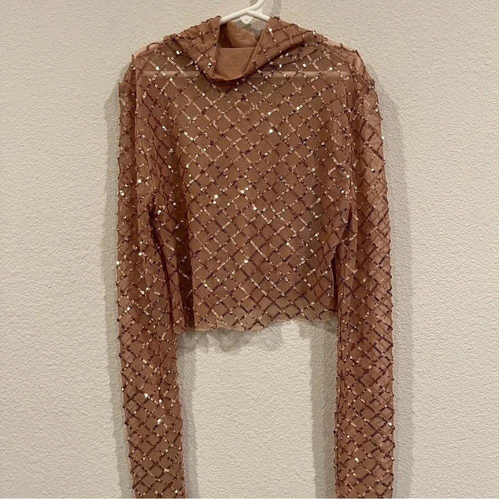 Anthropologie Pilcro rose gold mesh sequin turtleneck cropped xxsmall